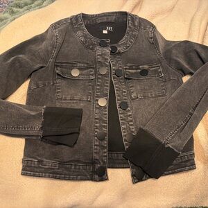 Kut from the Kloth Belle Collarless Denim Jacket in Black Acid Wash Finish